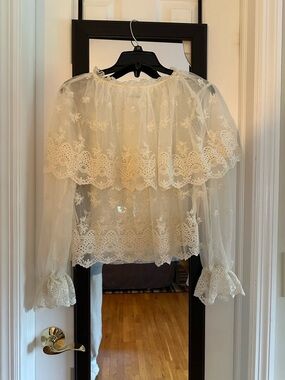 NWT Macys Semi Sheer Lace Ruffle Blouse in Ivory size XS petite